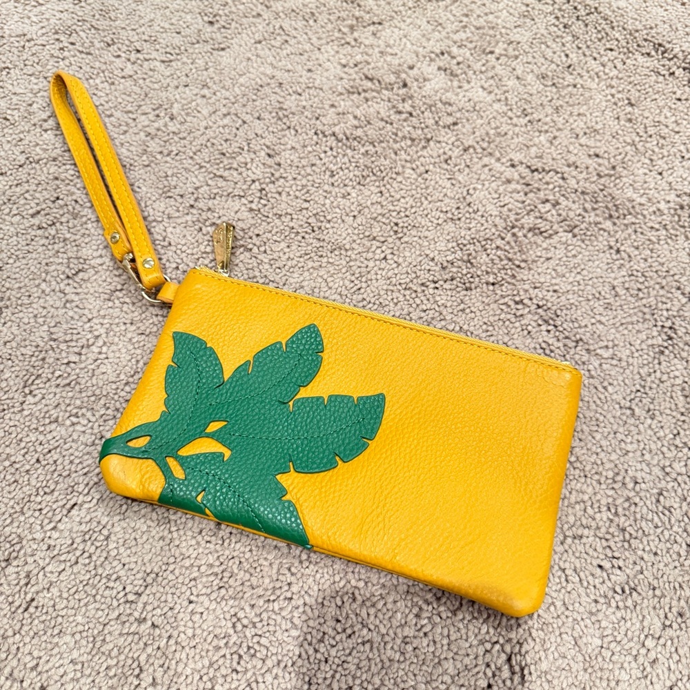 Ora Delphine Yellow Leather Wristlet with Green Leaf Design